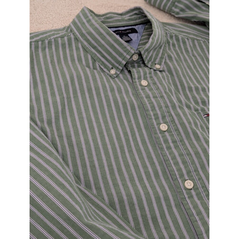 Vintage Tommy Hilfiger Button Up XL Logo Green Stripe Cotton